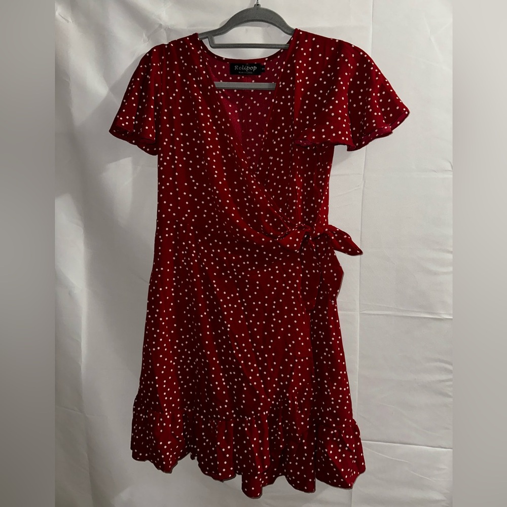 Red Polka Dot Wrap Mini Dress with Tie Waist